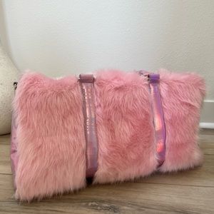 Dolls Kill Cotton Candy Pink  Fuzzy Faux Fur Holographic Weekender Festival Bag